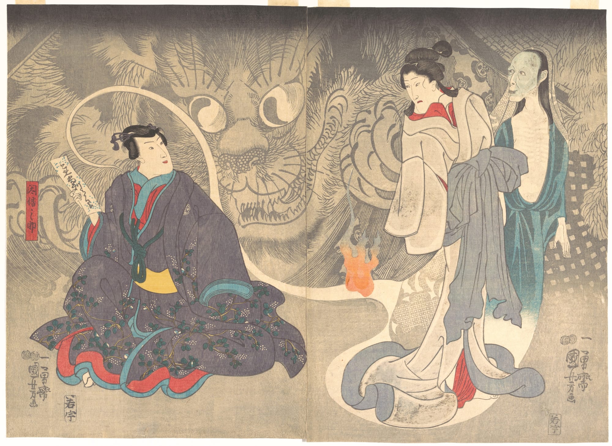 Ukiyo-e woodblock print diptych: an enormous cat face looms in grey behind a seated man in a purple robe holding a letter, while a woman in white robes is shadowed by a gaunt, long-haired ghost.