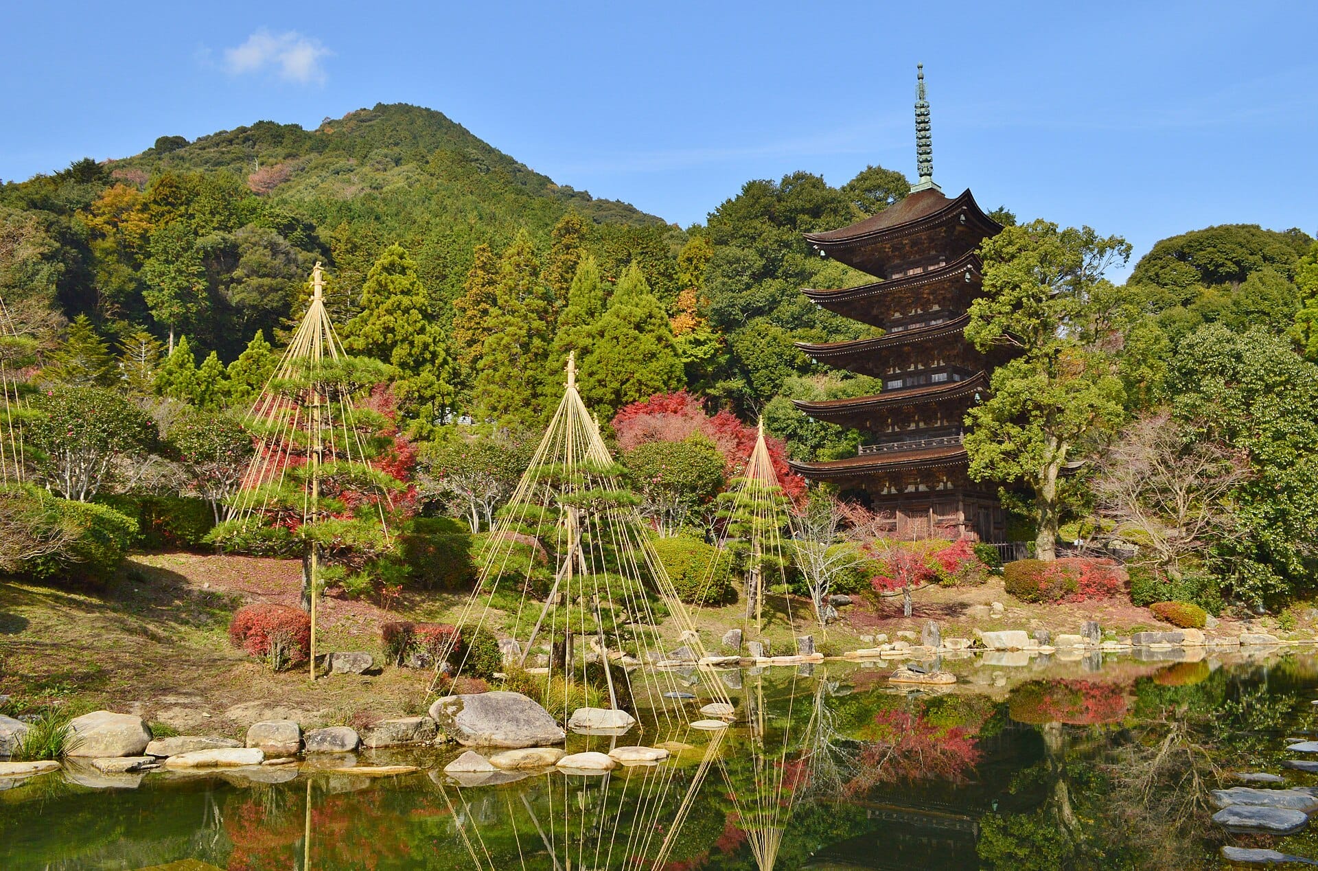 A five-story wooden pagoda rises above a garden pond, with cone-shaped rope supports over pruned pines, red and green shrubs along the bank, and a forested hill behind under blue sky.