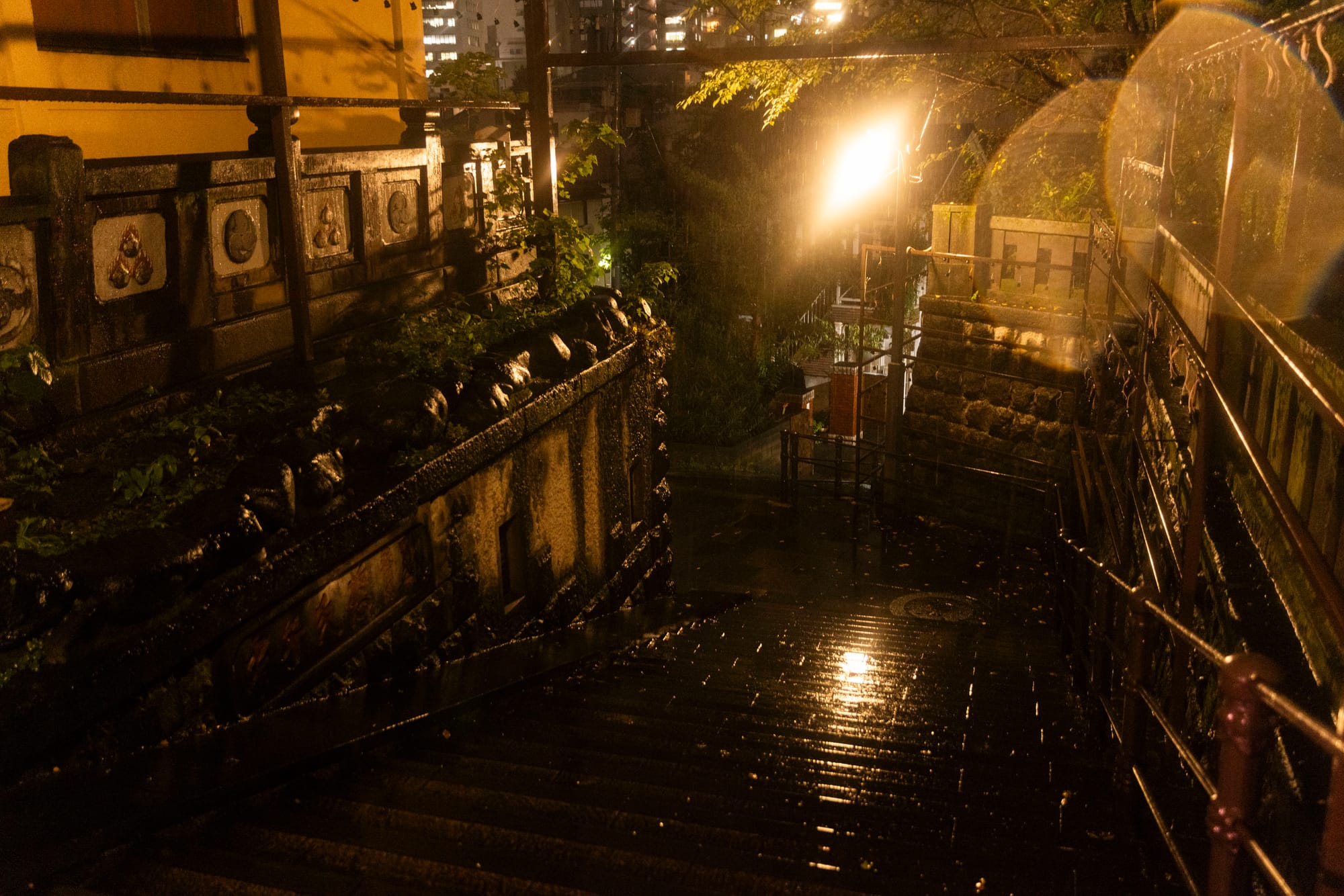 Rain-slick stone steps beside a carved balustrade, lit by a single streetlamp at night