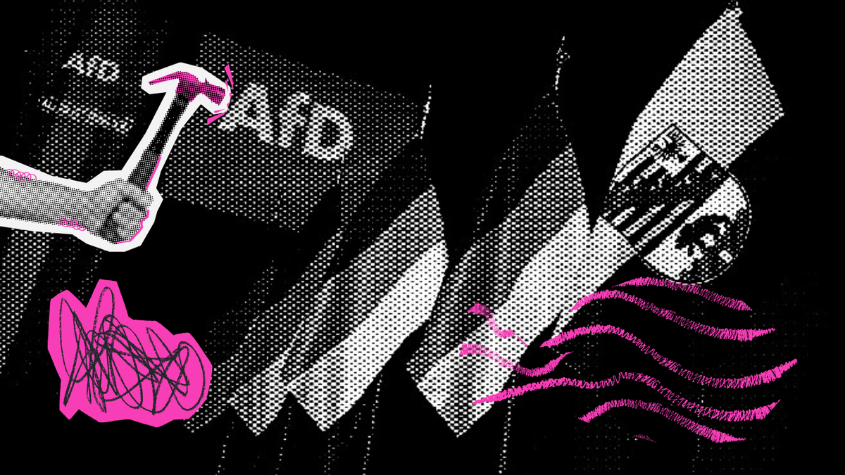 Halftone illustration of AfD election materials and flags with pink graphic annotations, symbolising the party's rise in Saxo