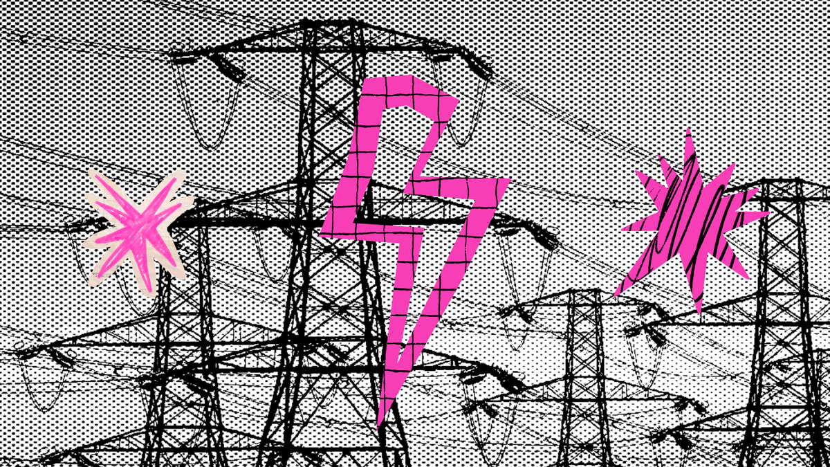 Electricity pylons with a pink lightning bolt graphic, illustrating rising electricity prices