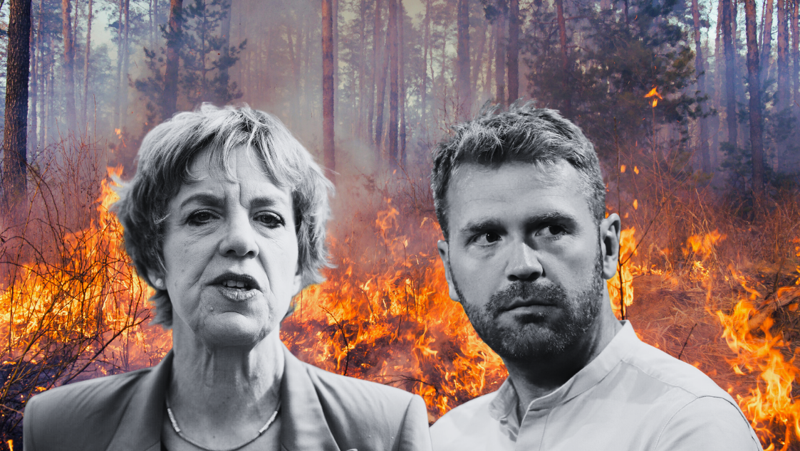Jennifer Whitmore and Gary Gannon pictured against a wildfire, illustrating the Social Democrats' support for carbon taxes