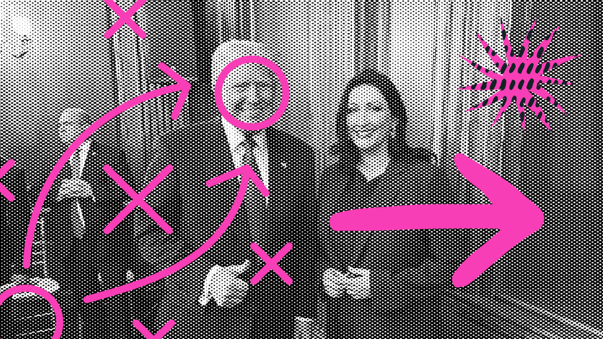 Illustration of two DUP figures with graphic pink annotations highlighting hypocrisy and contradictions