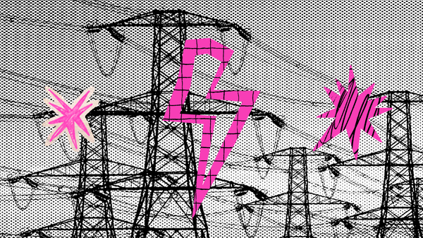 Electricity pylons with a pink lightning bolt graphic, illustrating rising electricity prices