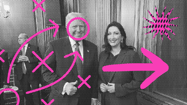 Illustration of two DUP figures with graphic pink annotations highlighting hypocrisy and contradictions