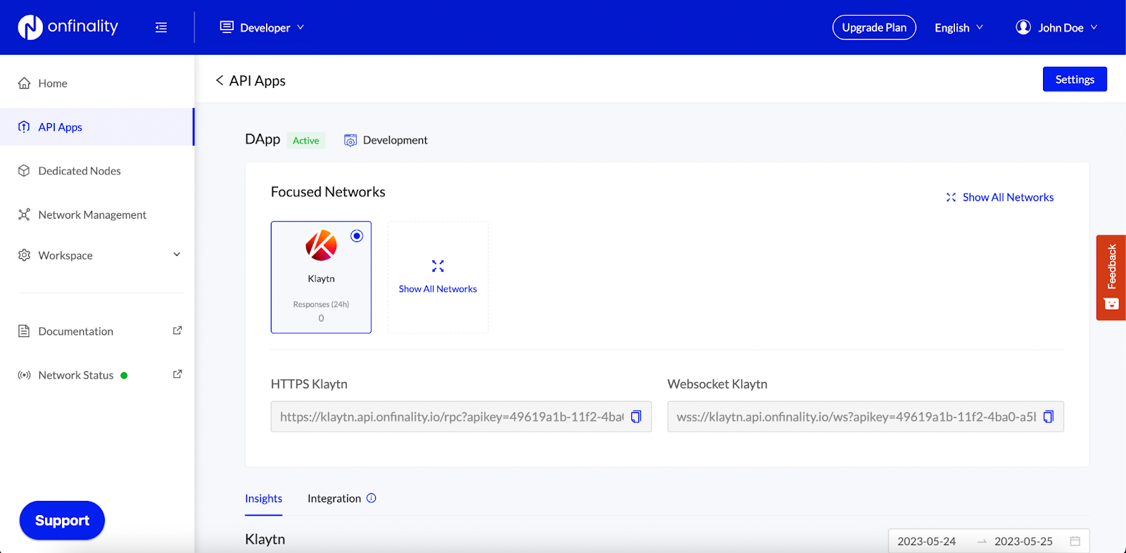 OnFinality's API Apps dashboard