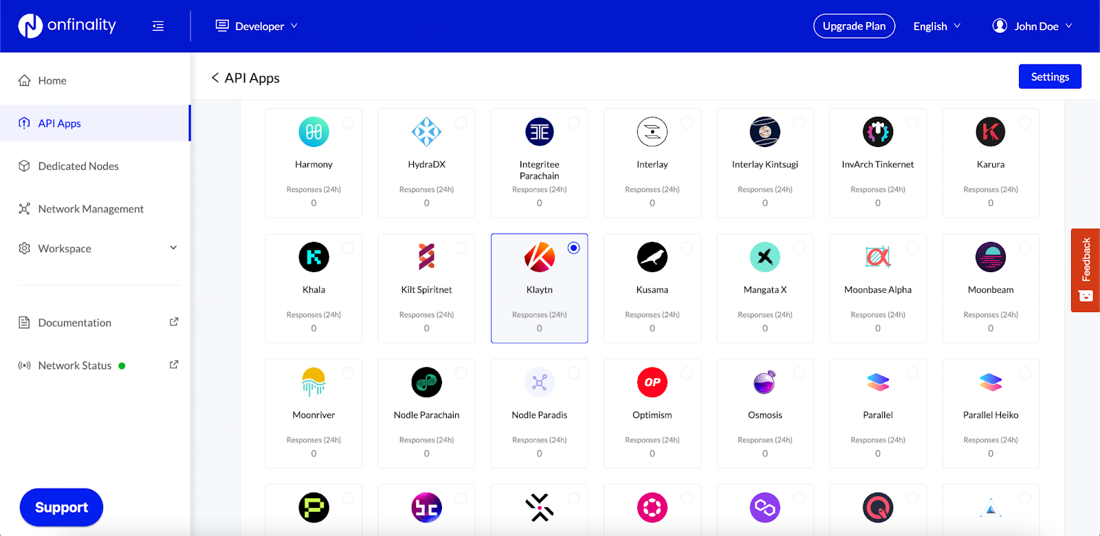 OnFinality's API Apps dashboard