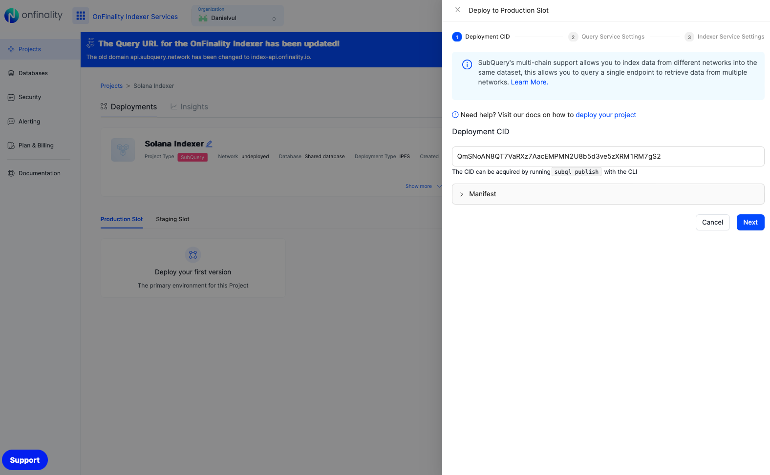 Deploy a Solana SubQuery Indexer on OnFinality. Step 3.1: enter CID