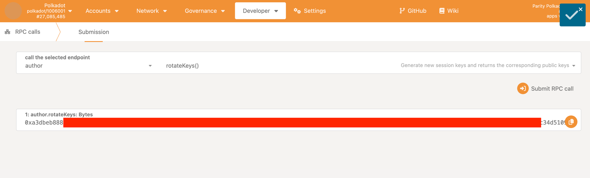 Submit the Developer > RPC Call author rotate keys
