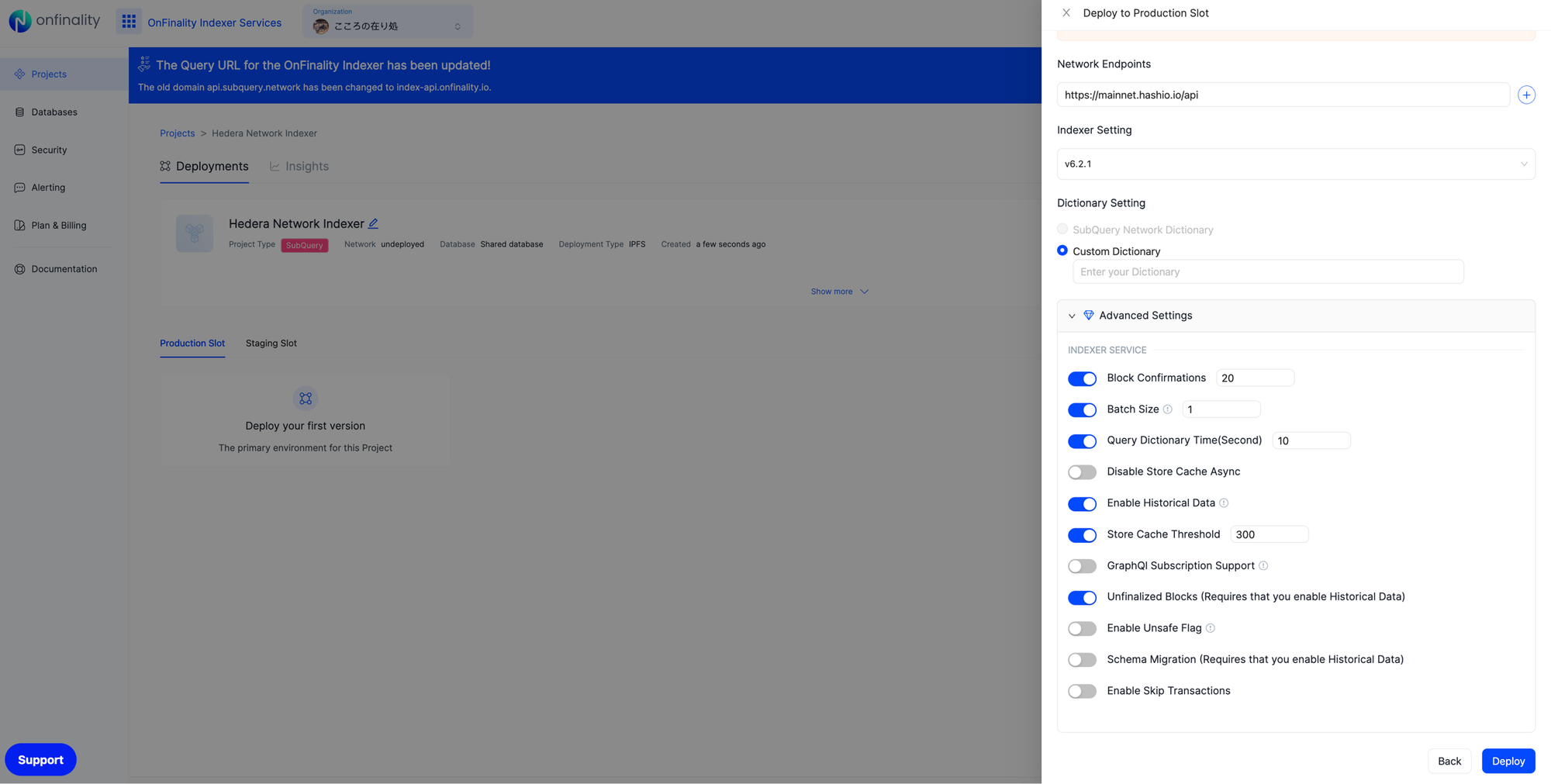 Run a Hedera Indexer | Enter network endpoint and settings