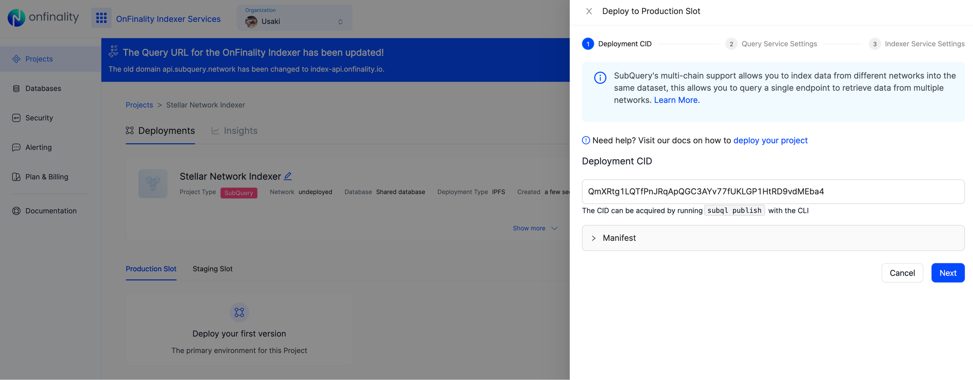Deploy a Stellar Indexer with OnFinality | Enter Deployment CID