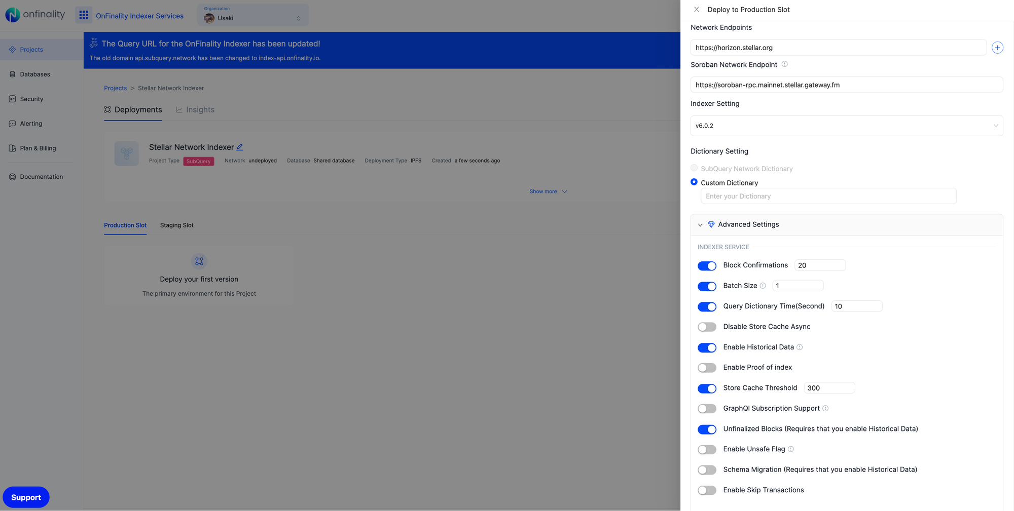 Deploy a Stellar Indexer with OnFinality | Configure Settings