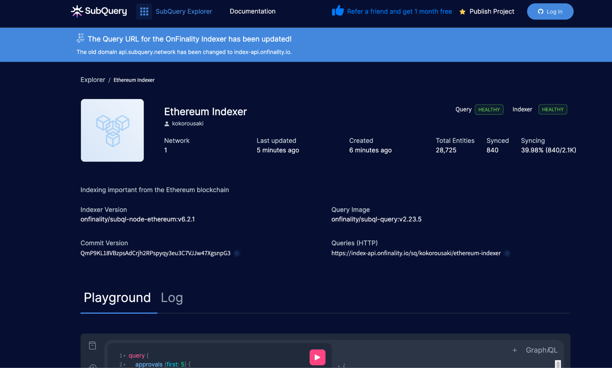 OnFinality Indexer Service - Ethereum project explorer