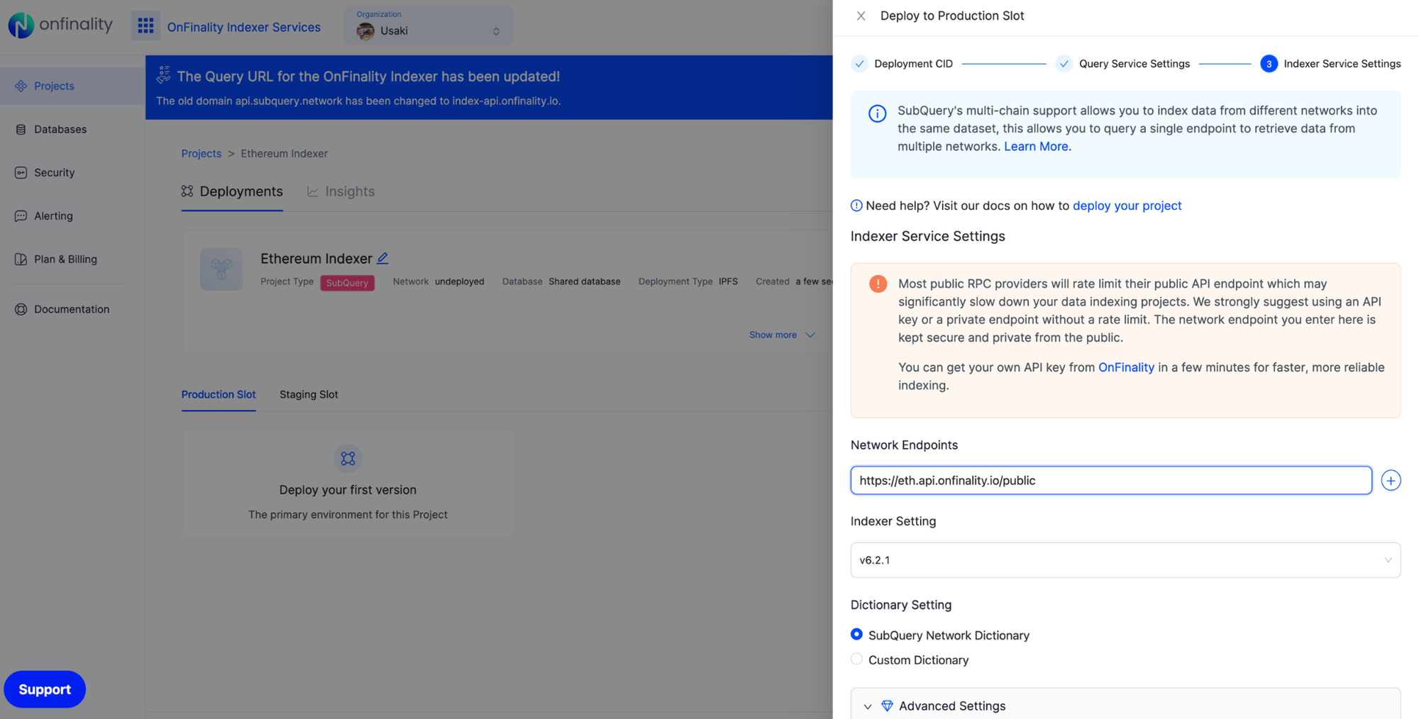 OnFinality Indexer Service - Set ethereum network endpoint