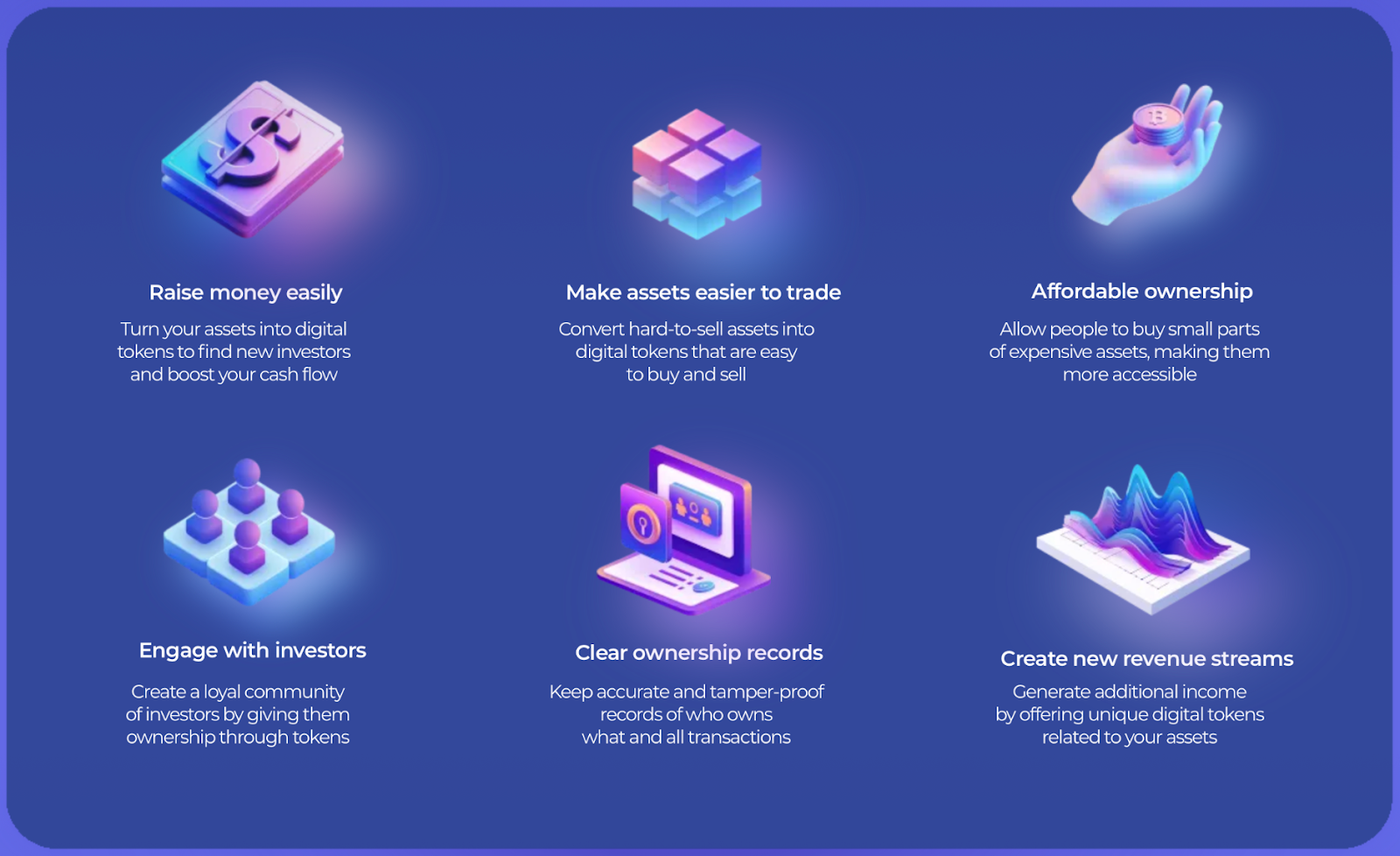 Benefits of RWA Tokenization with SIX Network. Raise money, Easier to trade assets, affordable ownership, engage with investors, ownership records, new revenue streams