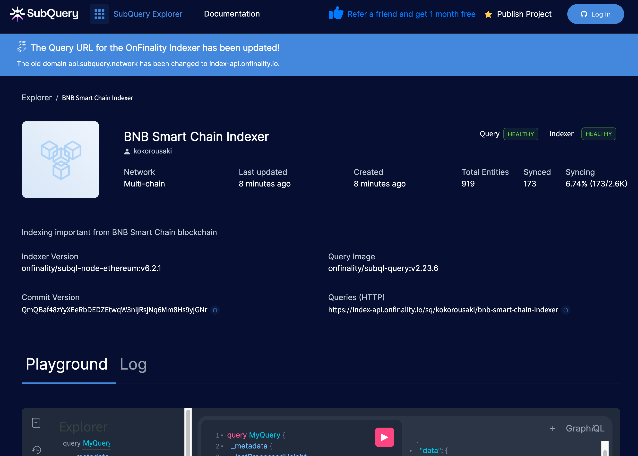 Viewing the BNB indexer project in the subquery explorer to run queries in the playground