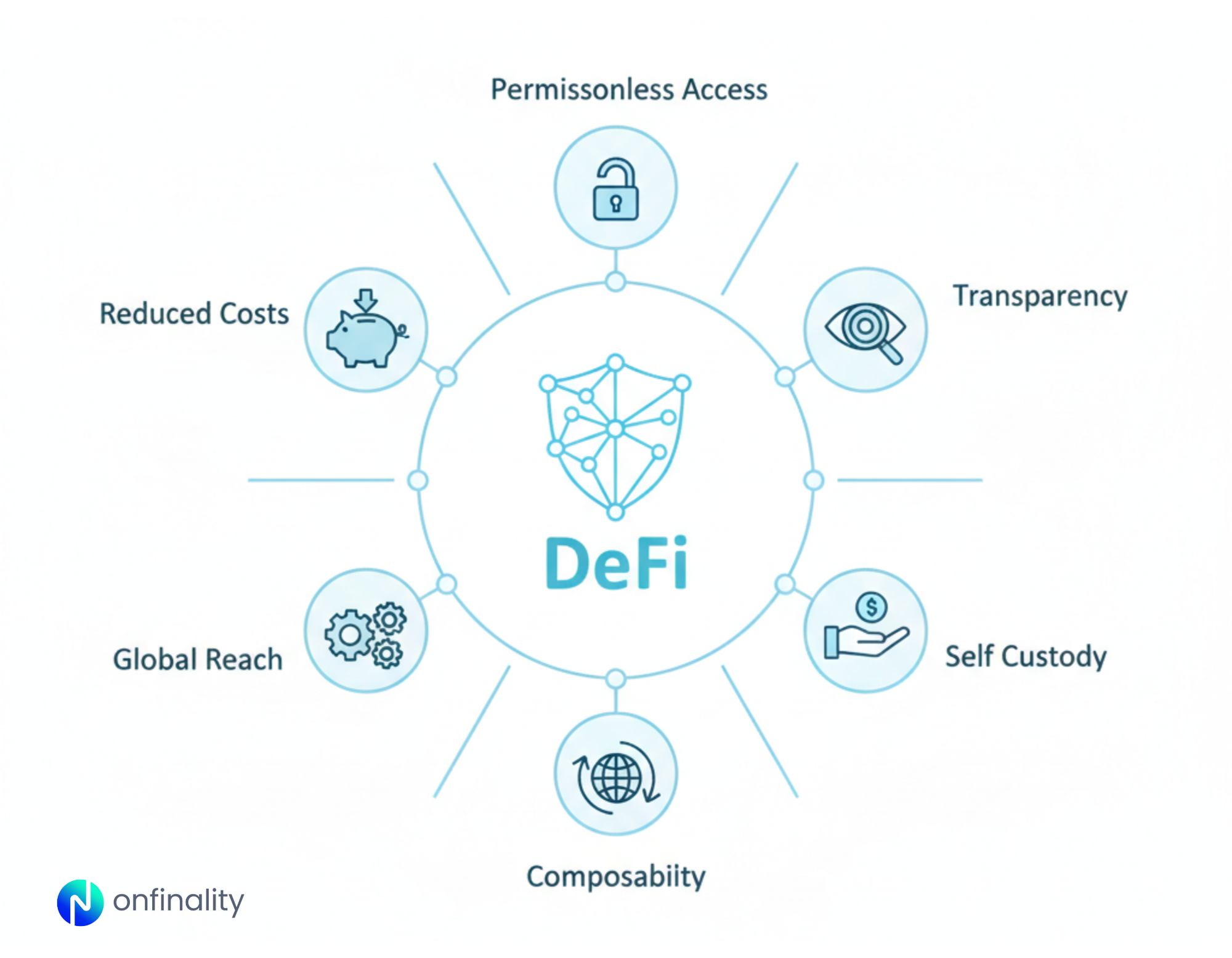 Diagram showing DeFi benefits including permissionless access, transparency, self custody, composability, global reach, and lower costs.