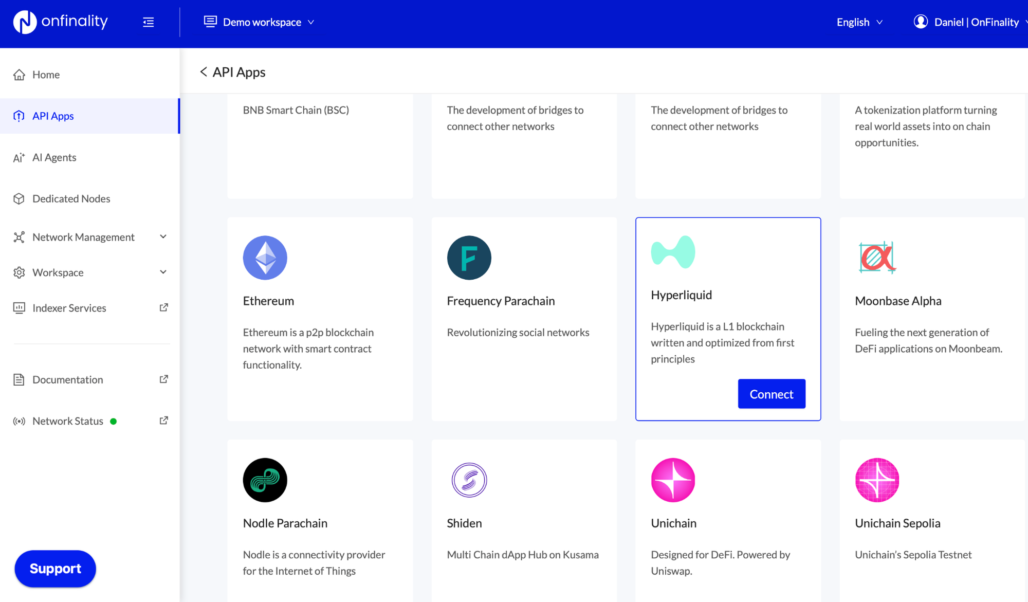Showing the OnFinality API Apps Network Marketplace with Hyperliquid selected, and a button to Connect