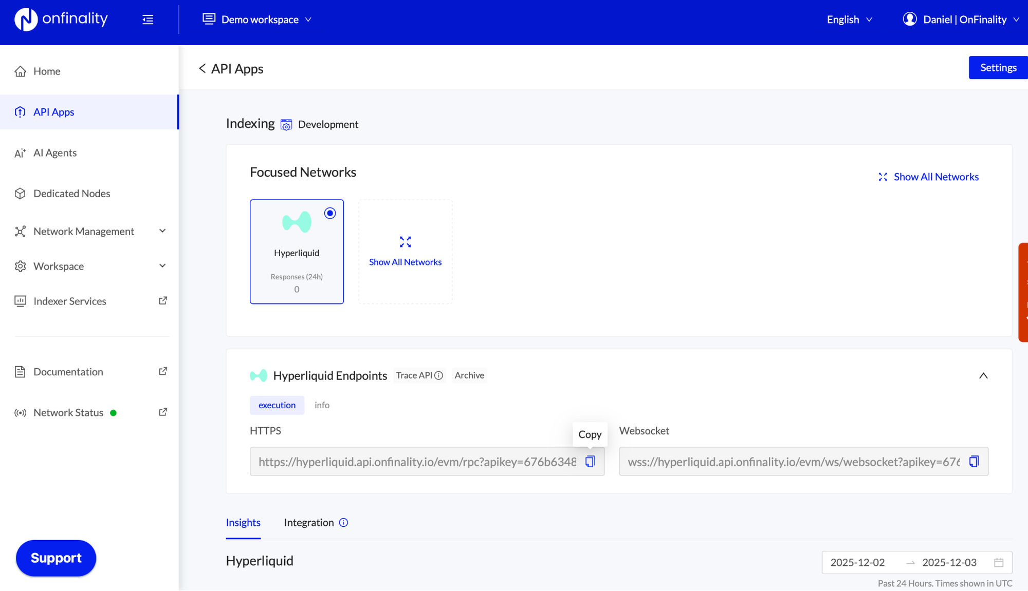 Screenshot of OnFinality Platform API App with Hyperliquid network selected. HTTPS and Web Sockets Hyperliquid RPC EVM endpoints with API keys to copy.