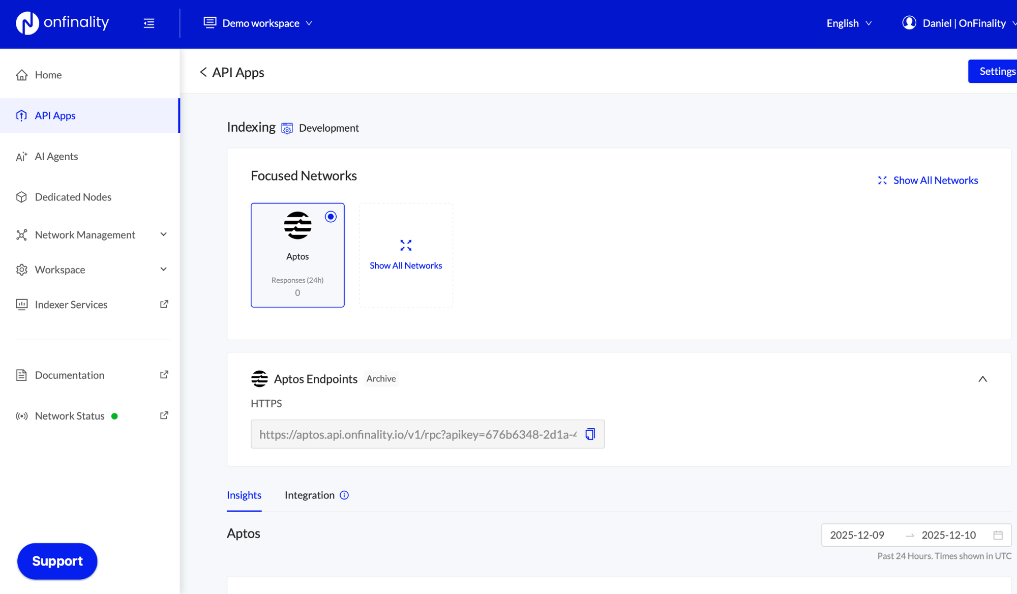Copying the Aptos Endpoints (Https) from API Apps in the OnFinlaity portal
