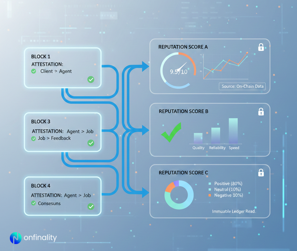Flowchart of on-chain attestations generating AI agent reputation scores from client, job, and feedback data.