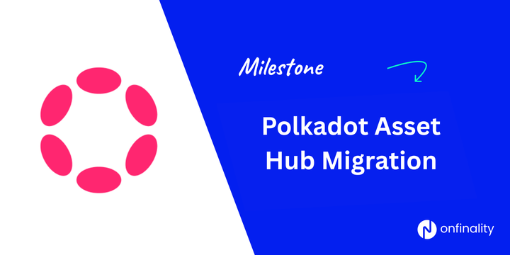 Polkadot Asset Hub Migration milestone banner with OnFinality logo on blue background