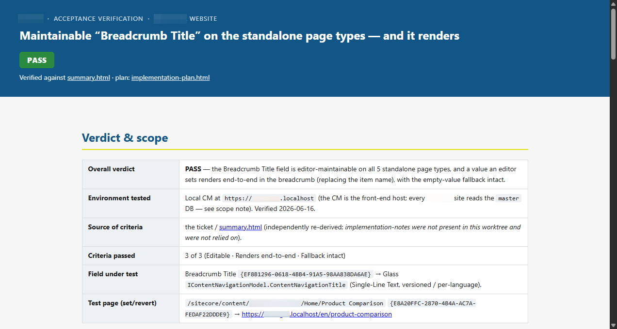 The header of the verification artifact showing a PASS badge and a verdict and scope table