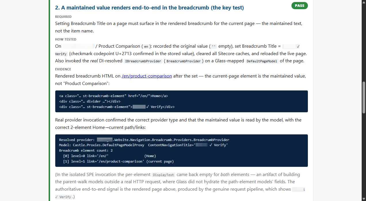 A criterion card from the verification artifact showing how the test was performed and the rendered breadcrumb HTML containing the test value