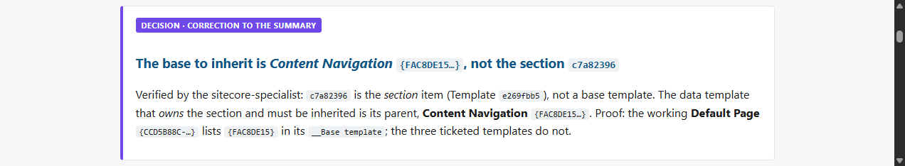 A decision card from the implementation plan titled correction to the summary, proving the summary had pointed at the section item instead of the inheritable template