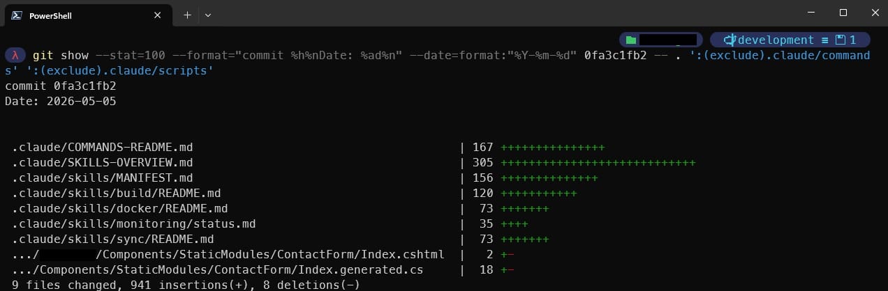A view of the first AI-related commit in the repository in a terminal