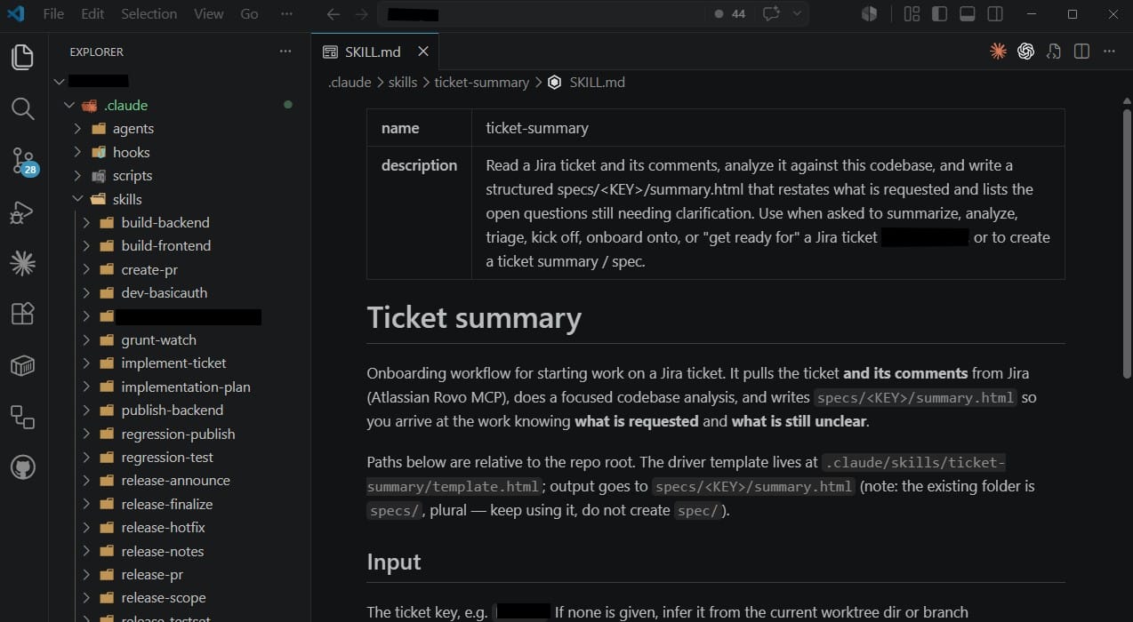 A view of the skills folder in Visual Studio Code