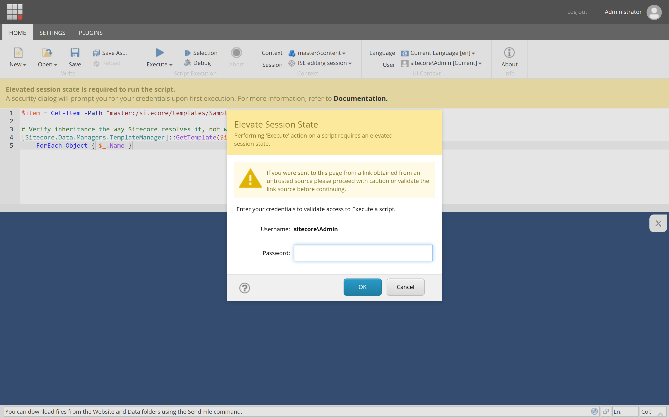 The SPE PowerShell ISE in Sitecore with the Elevate Session State dialog open, asking for the admin password before a script can run.