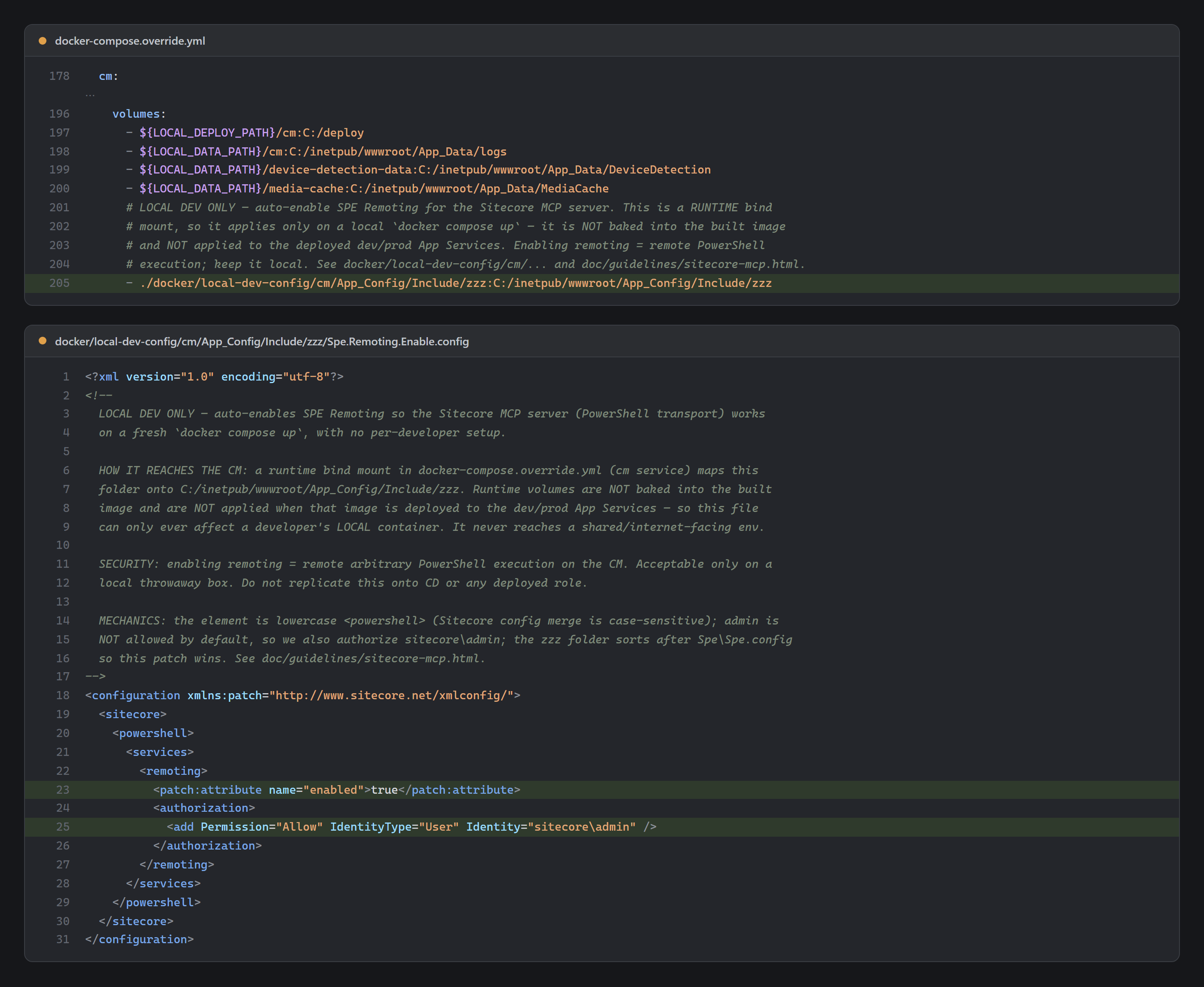 Two files in an editor. In docker-compose.override.yml the cm service bind-mounts a local folder into App_Config/Include/zzz, and Spe.Remoting.Enable.config in that folder switches SPE Remoting on for sitecore\admin.