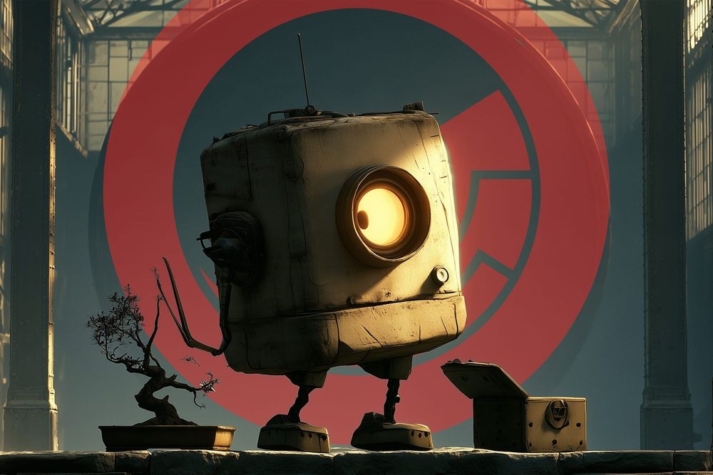 Patch, a boxy robot with one glowing orange eye, tends a bonsai with long tweezers, an open toolbox beside him, in front of a large red Sitecore logo in a glass-roofed hall.