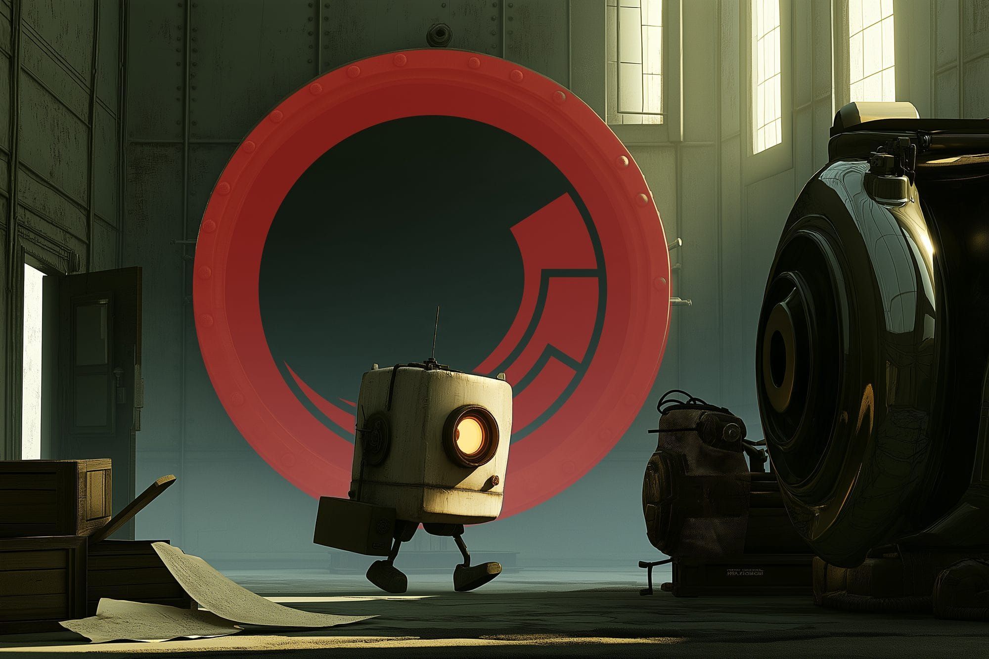 Patch, a boxy robot with one glowing orange eye, carries his toolbox through a basement engine room past a huge engine and crates by an open door, in front of a large red Sitecore logo.