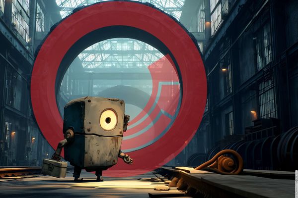 Patch, a small vintage robot with a toolbox, in front of a large glowing ring with the Sitecore logo, deeper inside the old server hall.