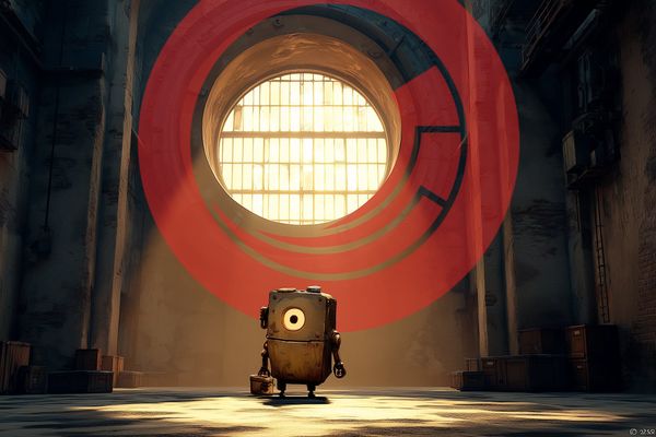 Patch, a small vintage robot with a toolbox, standing in front of a large glowing ring with the Sitecore logo in an old server hall.