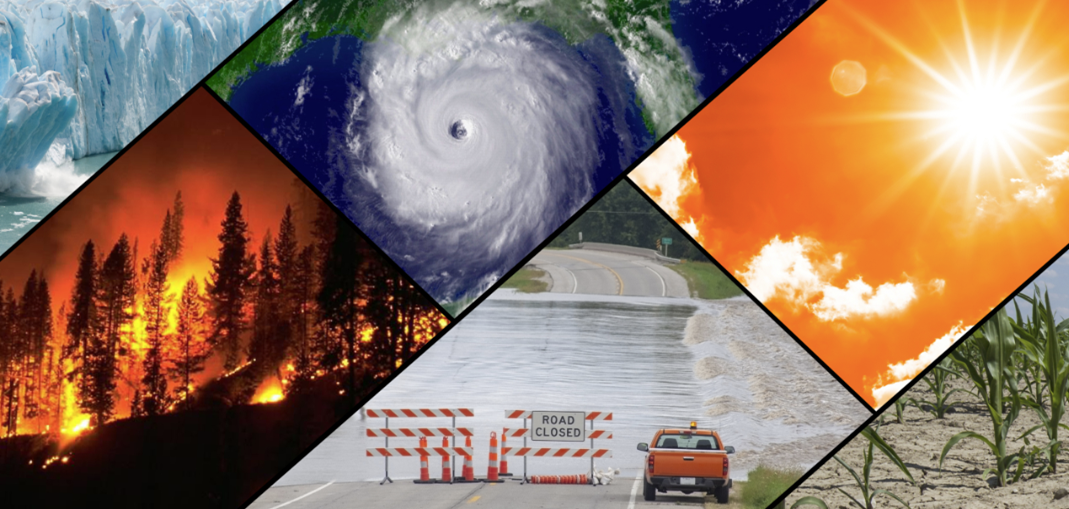 Collage of diagonally tiled images of climate impacts: glacial destruction, forest fires, intensified hurricanes, flooding, heat danger, drought and famine
