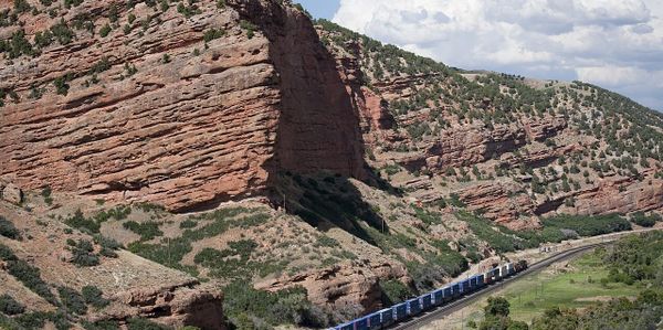 Dramatic landscape of Echo Canyon, Utah, photographed from a rest stop above a train