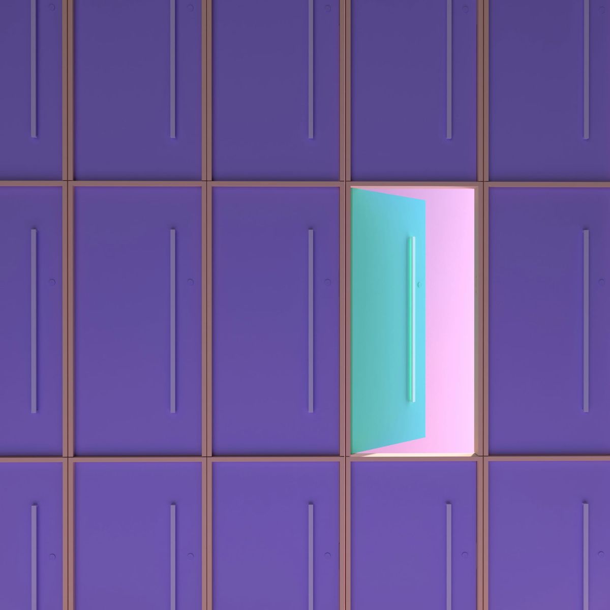 Two rows of purple locker doors. One door is opened. This door is turquoise.