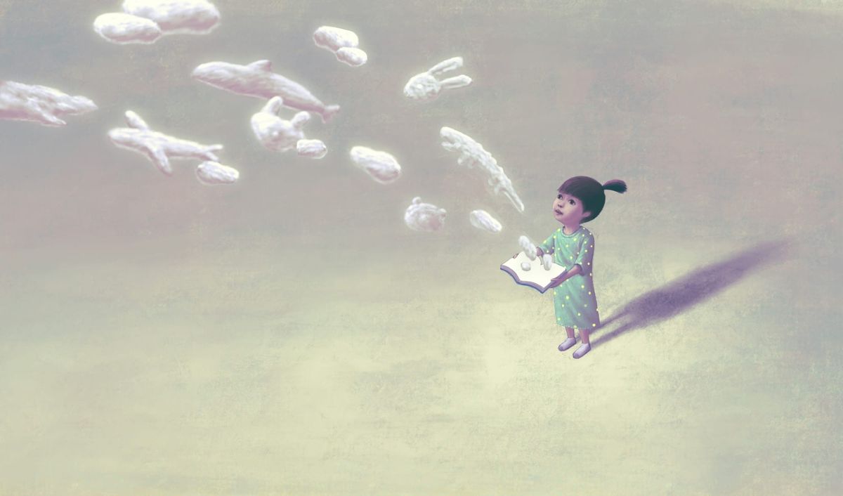Children’s book-style illustration of a toddler in a green nighgown holding an open book. She is looking up toward the sky as images leap from the book in the form of clouds.