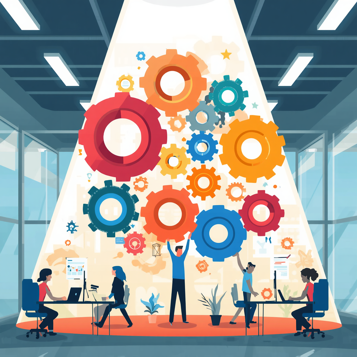 An office setting with bright-colored gears of different sizes floating above people and desks. An AI-generated illustrated graphic, not a photograph.