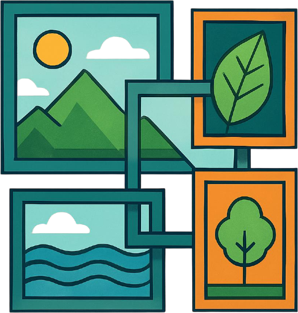 An arrangement of five frames - 3 teal and 2 orange. Each includes a symbolic illustration of an element of nature.
