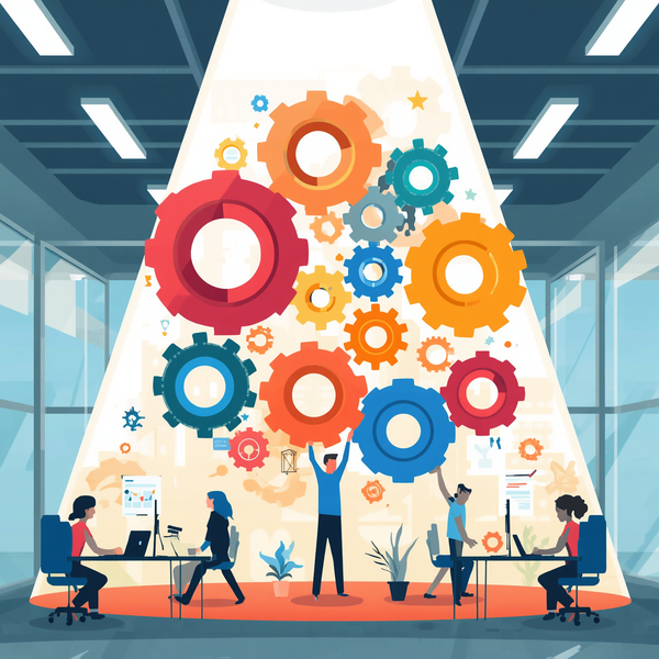 An office setting with bright-colored gears of different sizes floating above people and desks. An AI-generated illustrated graphic, not a photograph.