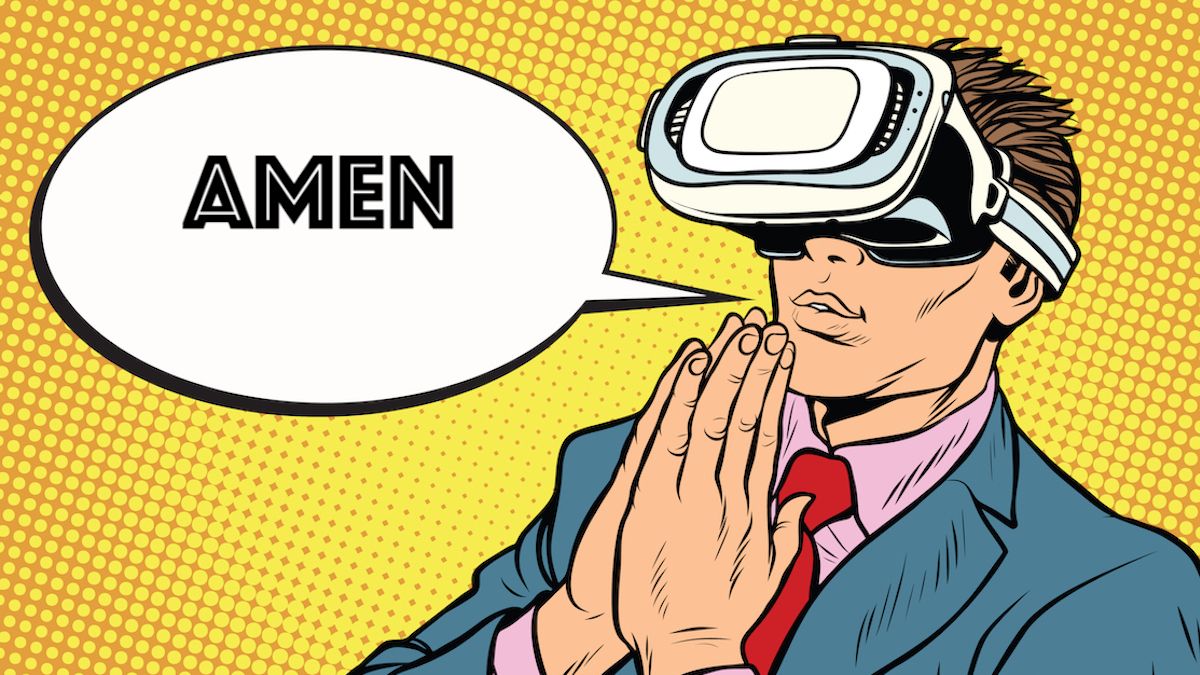 animated man with virtual reality headset, praying and saying AMEN