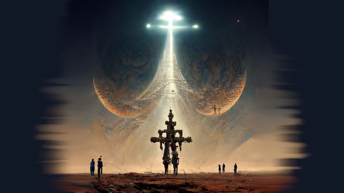 aliens in front of a strange cross