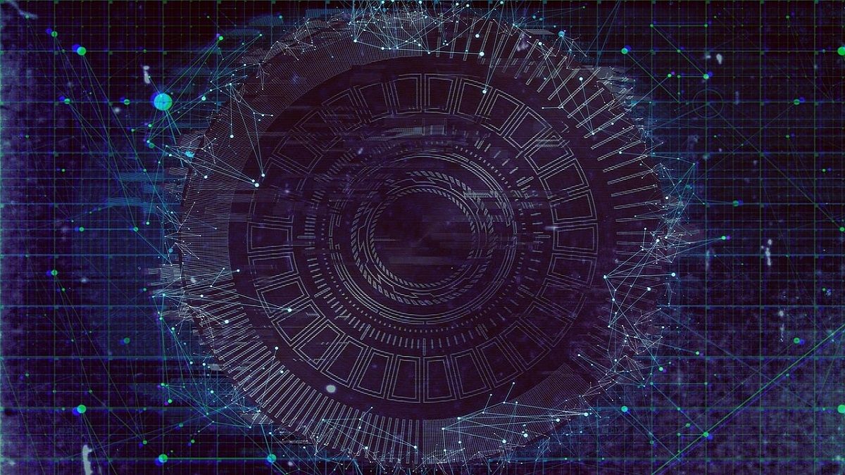 An abstract tunnel of geometric shapes on a blue grid background | Our AI future: Don't fear the Singularity