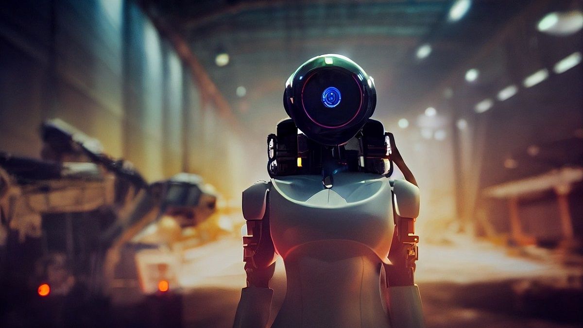 A robot with a white body and glowing blue head in a futuristic factory | Our AI future: What AI can and (probably) can't do