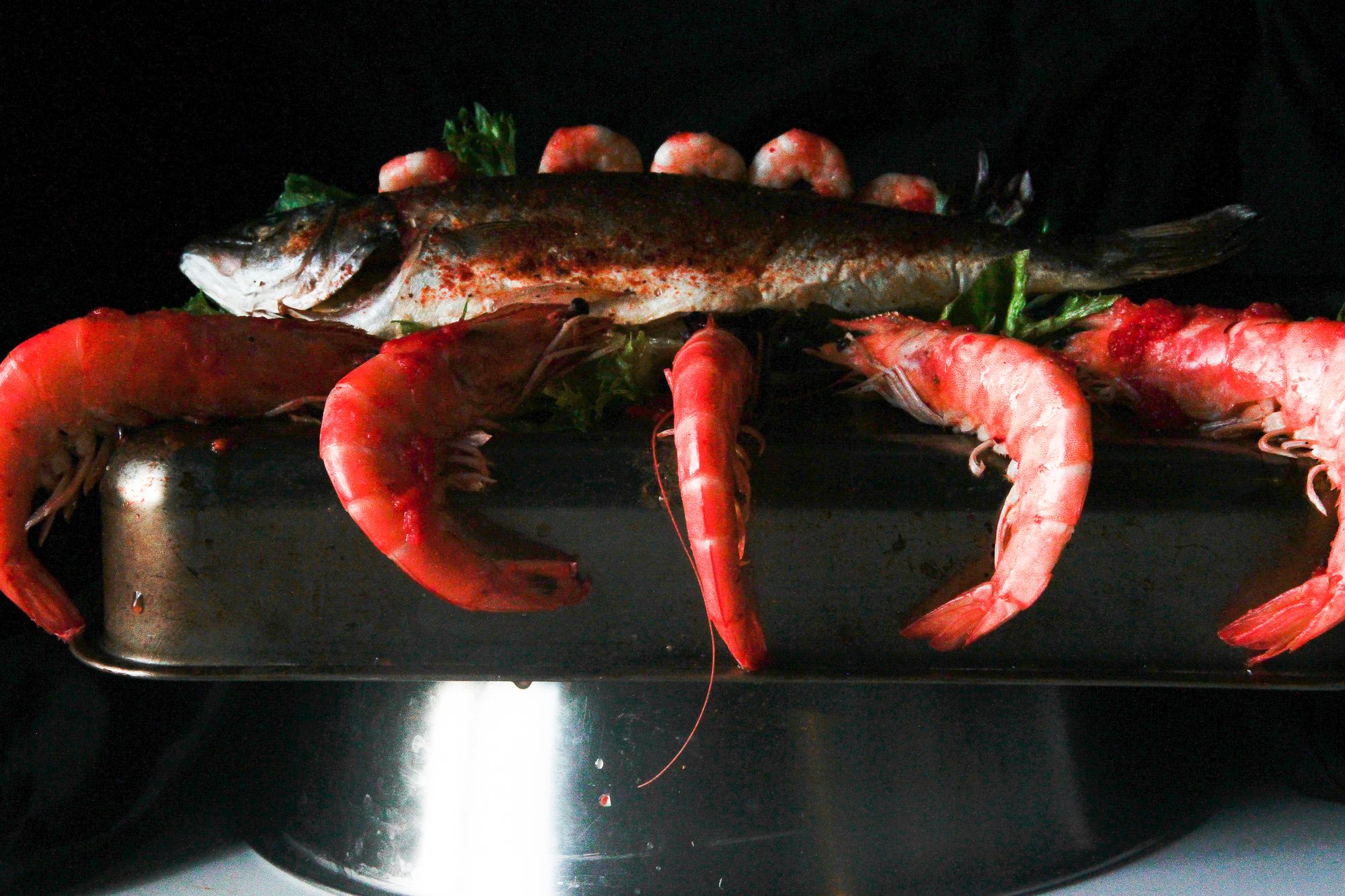 Surrealism and food photoshoot with shrimp and sea-bass Inspired by Salvador Dali