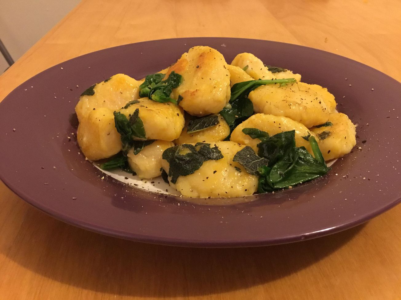 Butternut squash gnocchi with spinach and sage